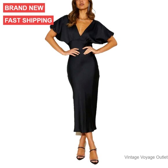 Satin V-Neck Puffy Sleeve Midi Dress Empire Waist Tie Back Formal